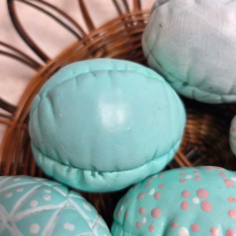 Vintage Quilted Ceramic Easter Egg Set of 6 Hand‎ Painted Blue White Cottagecore